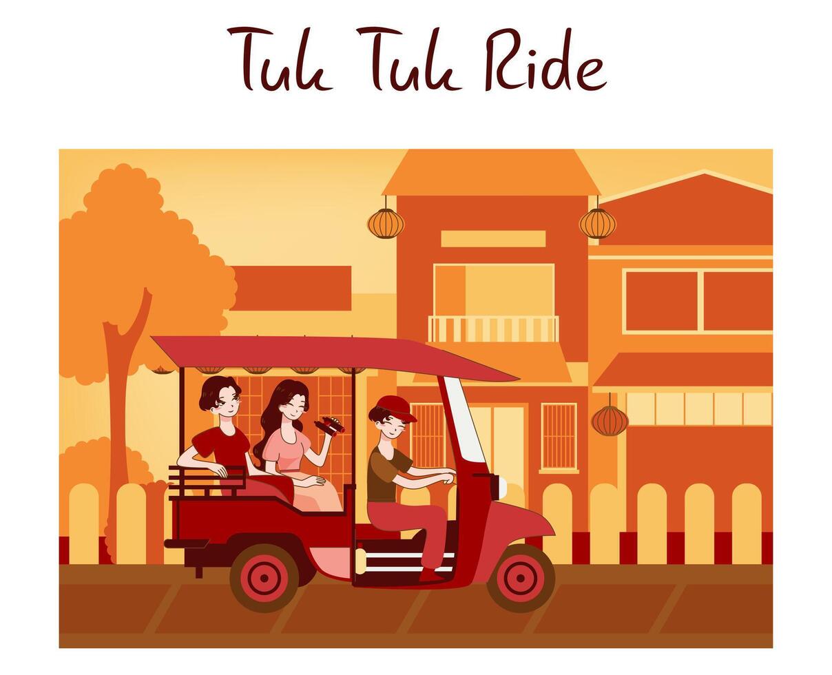 Tuk tuk driver. Tourist couple having a ride in town. Local tricycle rickshaw vector
