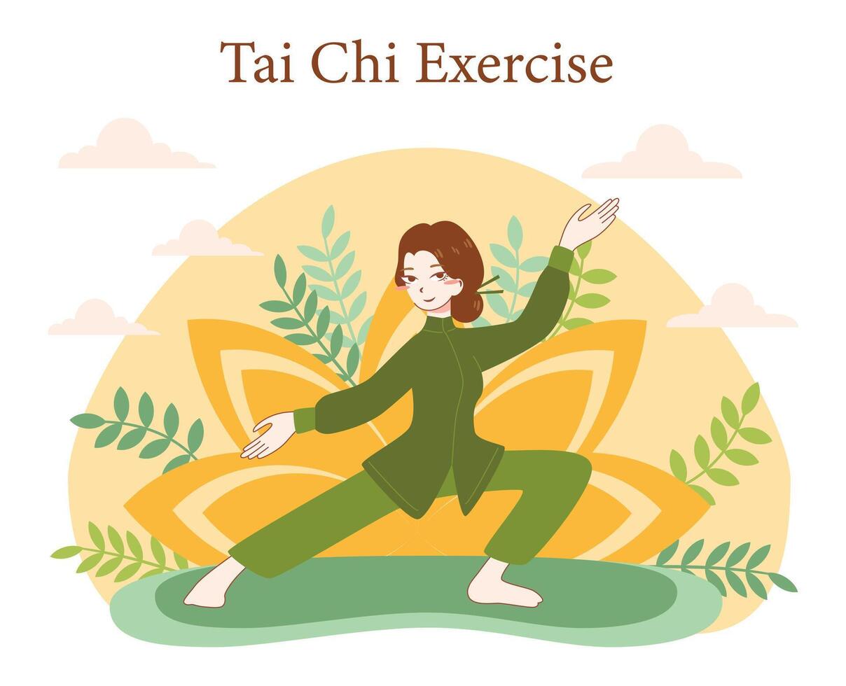 Asian character doing sport. Tai chi exercising. Chinese practise or martial vector