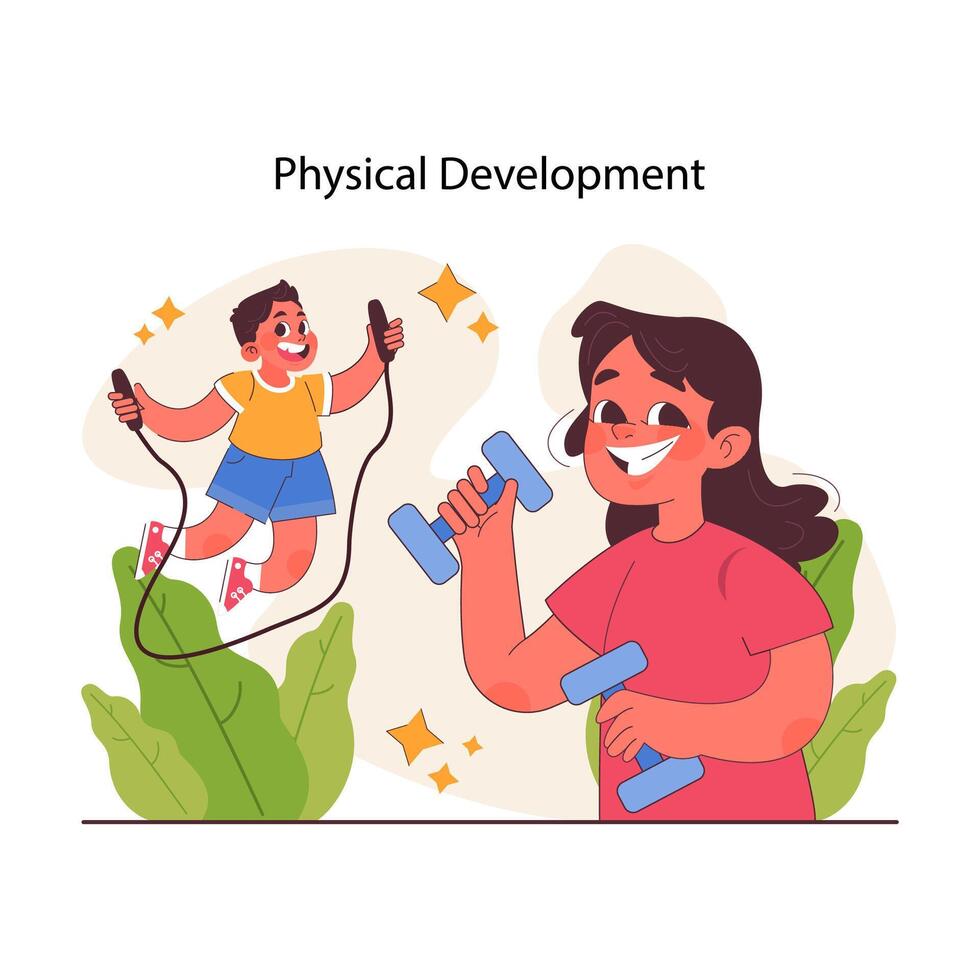 Child development. Physical education. Sport activity together. Happy vector