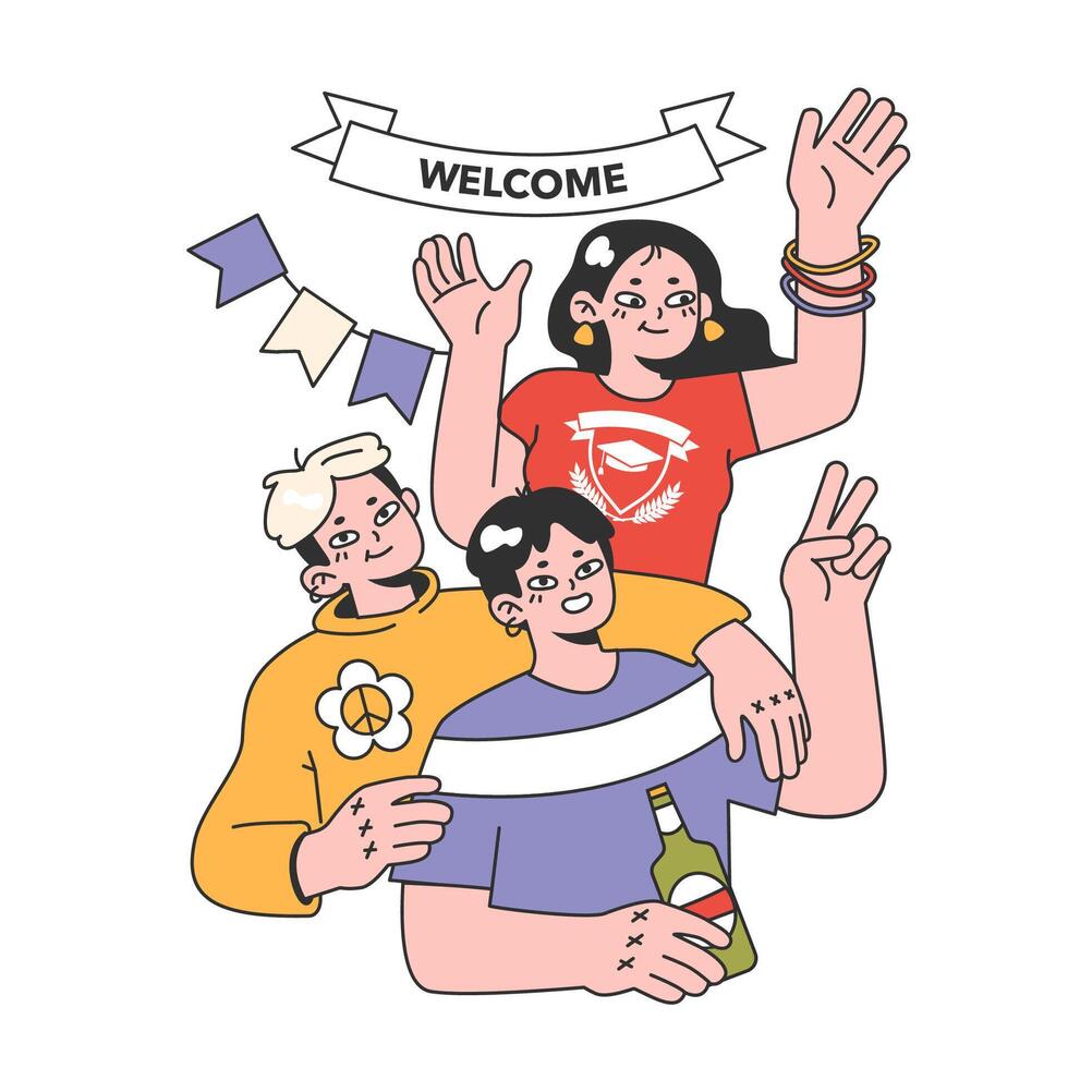 College friends. University fellow students or classmates having fun vector