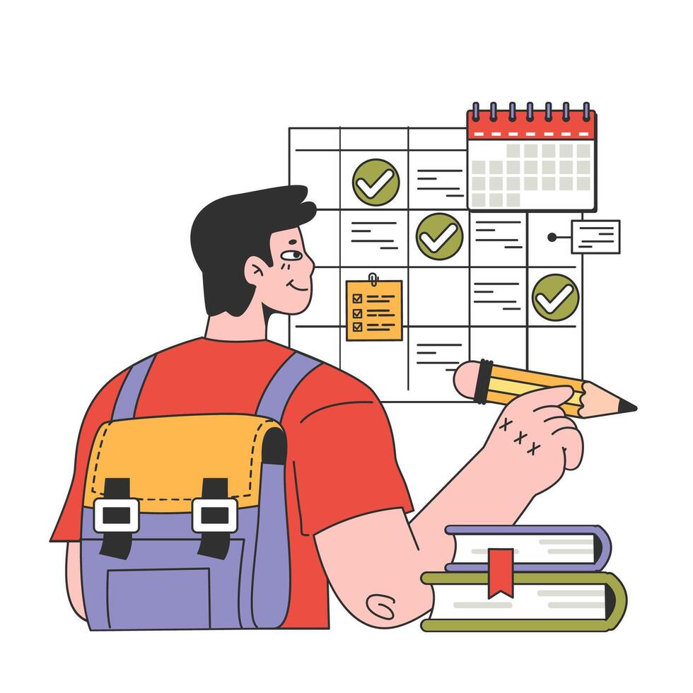 College or university student. Young character planning or checking task vector