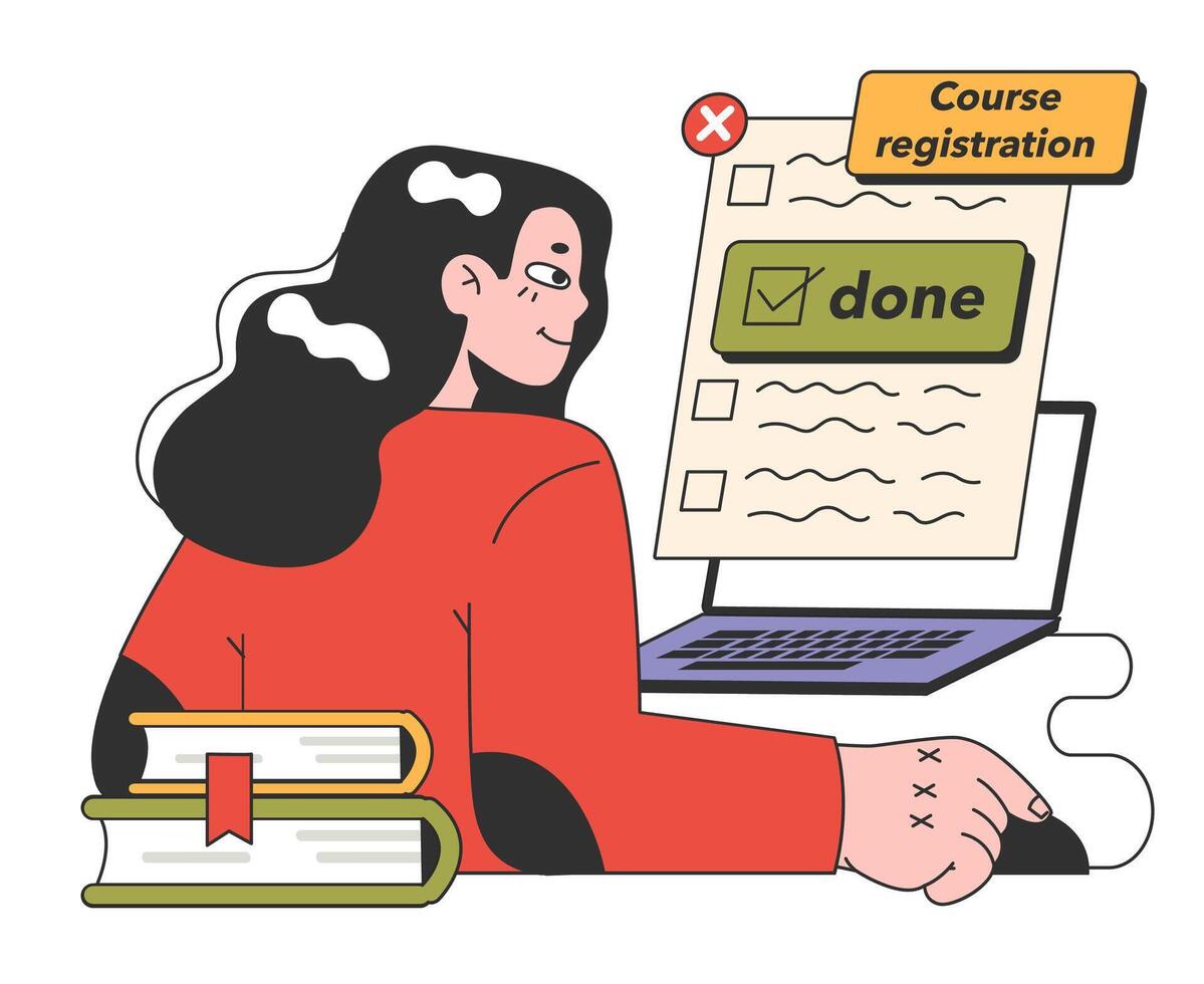 College or university student. Young female character signing up for course vector