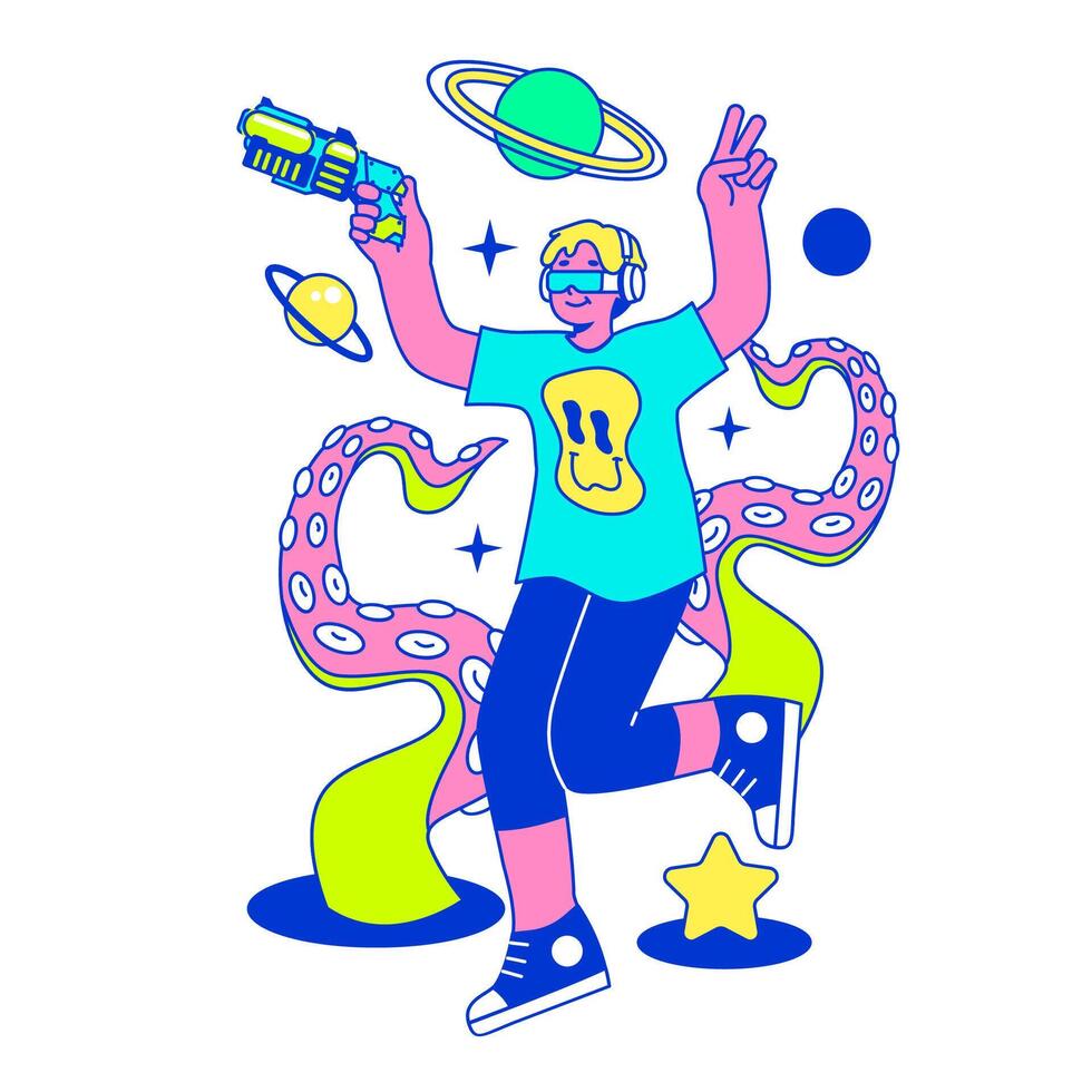 E-sports player. Character playing games, fighting over the championship vector