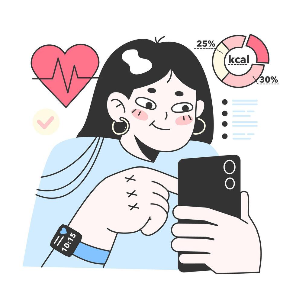 Healthy diet and calorie tracker application. Character using smart electronic vector