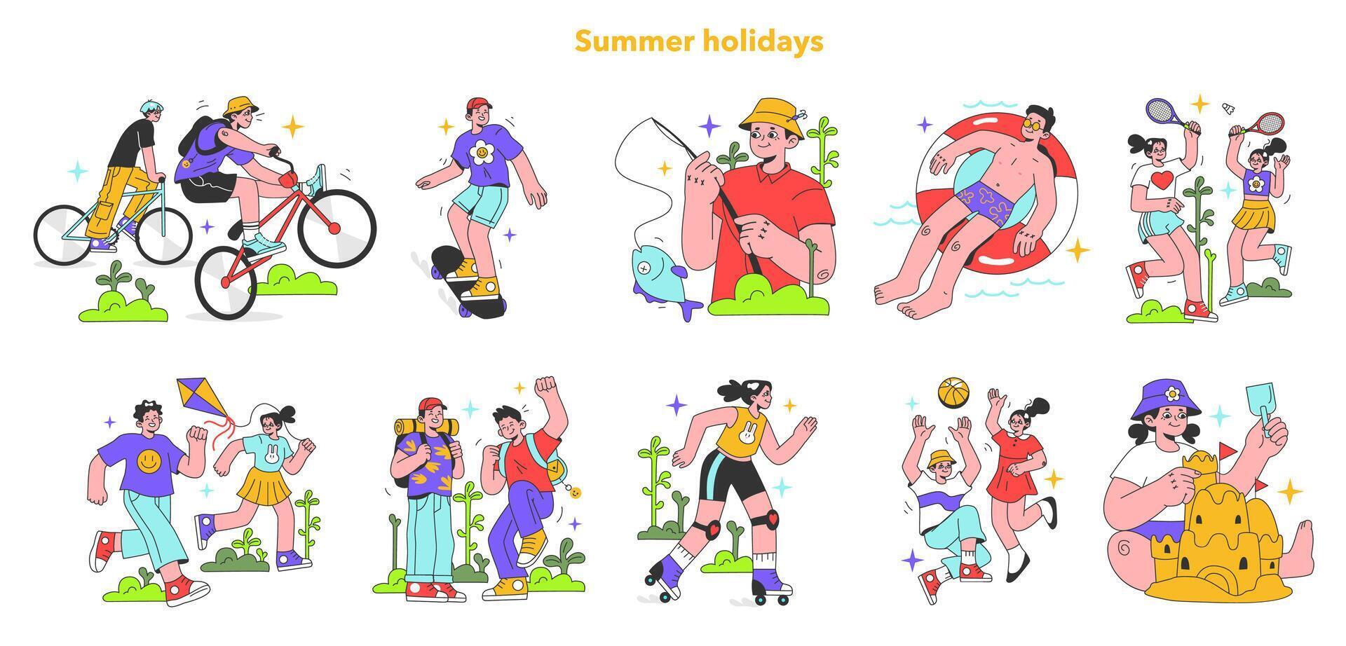 Summer holidays set. Active outside leisure on a summer break. Boys vector