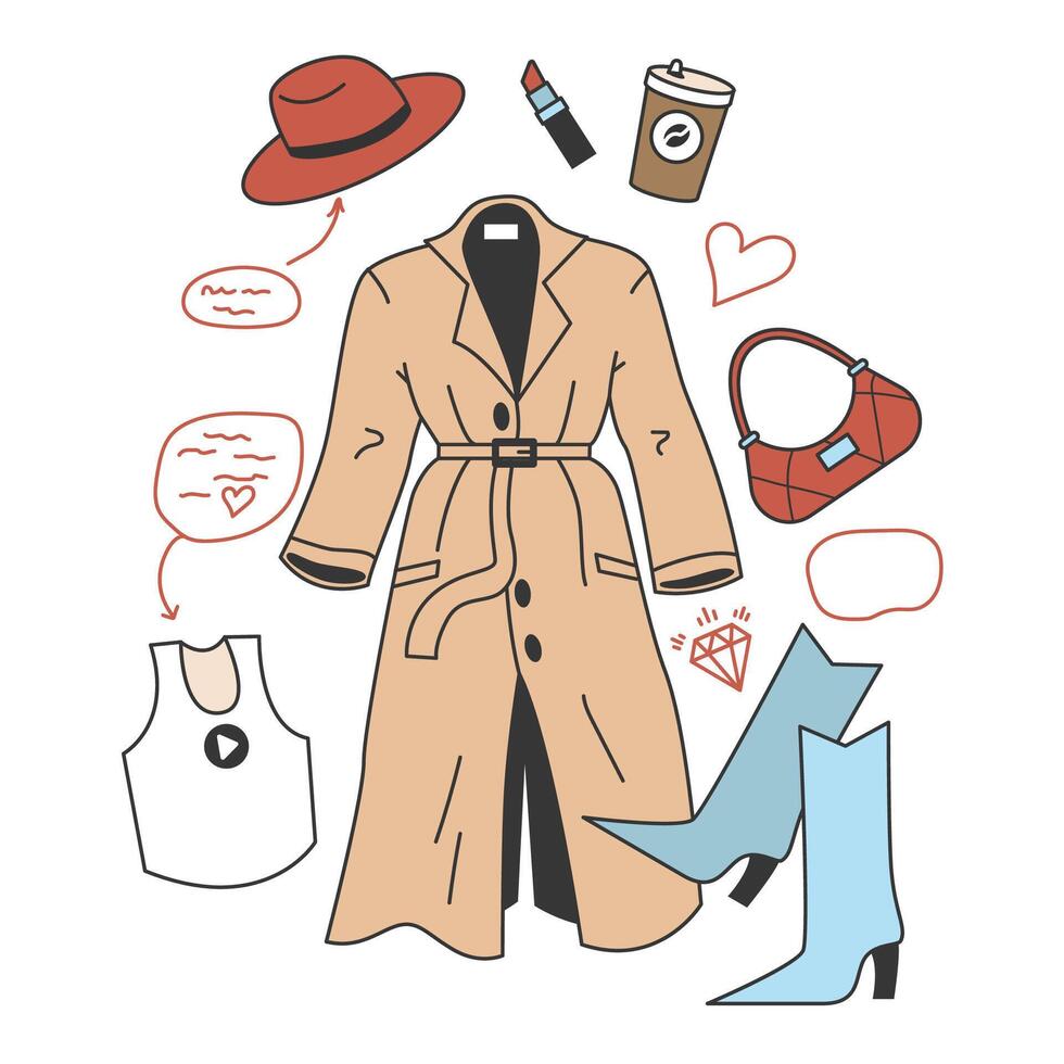 Wardrobe developing. Character choose or collect sets of clothes, making vector