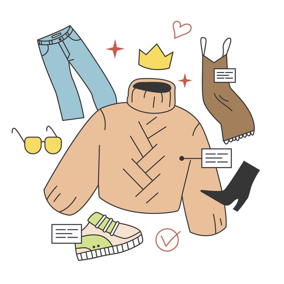 Wardrobe developing. Character choose or collect sets of clothes, making vector