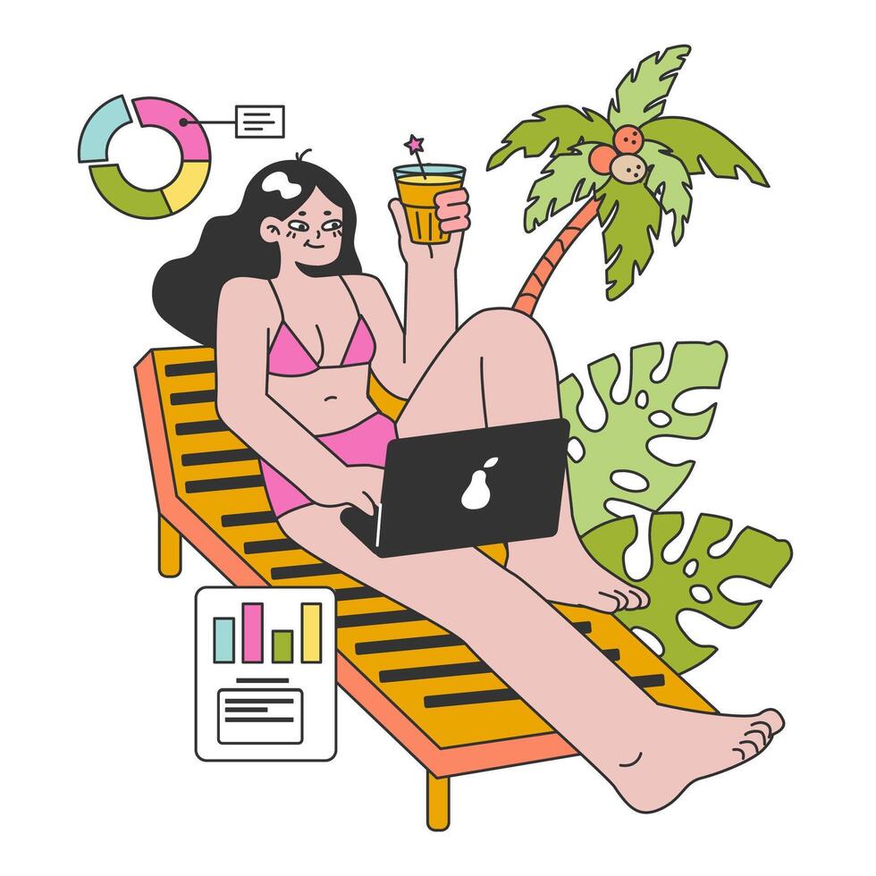 Workcation. Chatacter working away from the office. Digital nomad vector