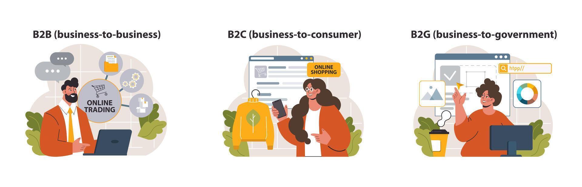 E-store and e-commerce set. Entrepreneur selling goods and gaining vector