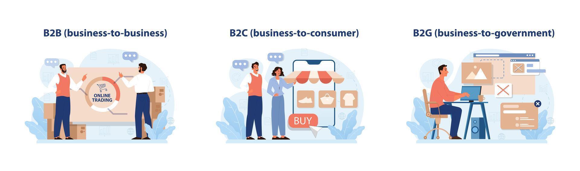 E-store and e-commerce set. Entrepreneur selling goods and gaining vector
