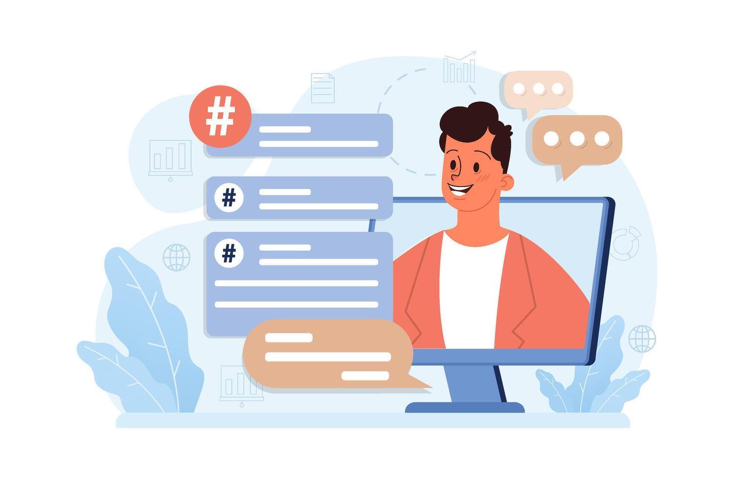 Hashtag. Character using digital device for sending posts and sharing vector