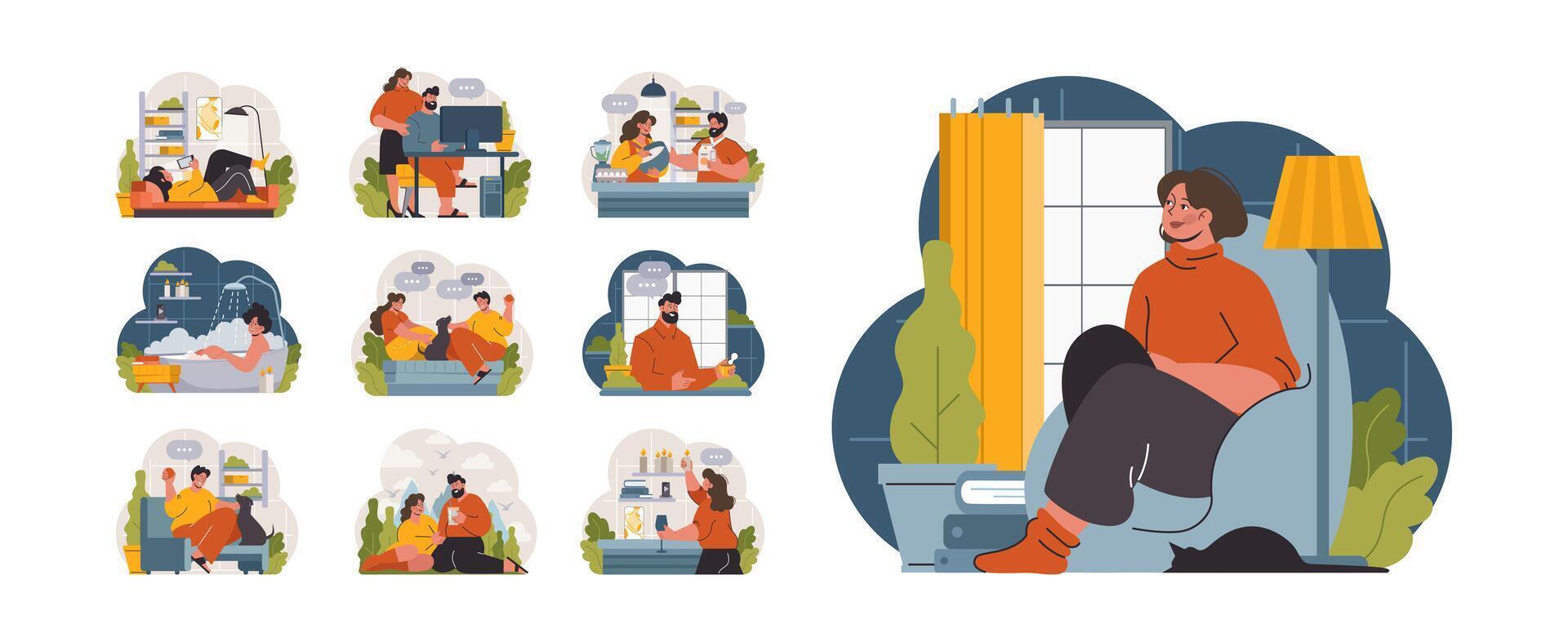 Hygge set. Happy people relaxing at home, family members leisure vector
