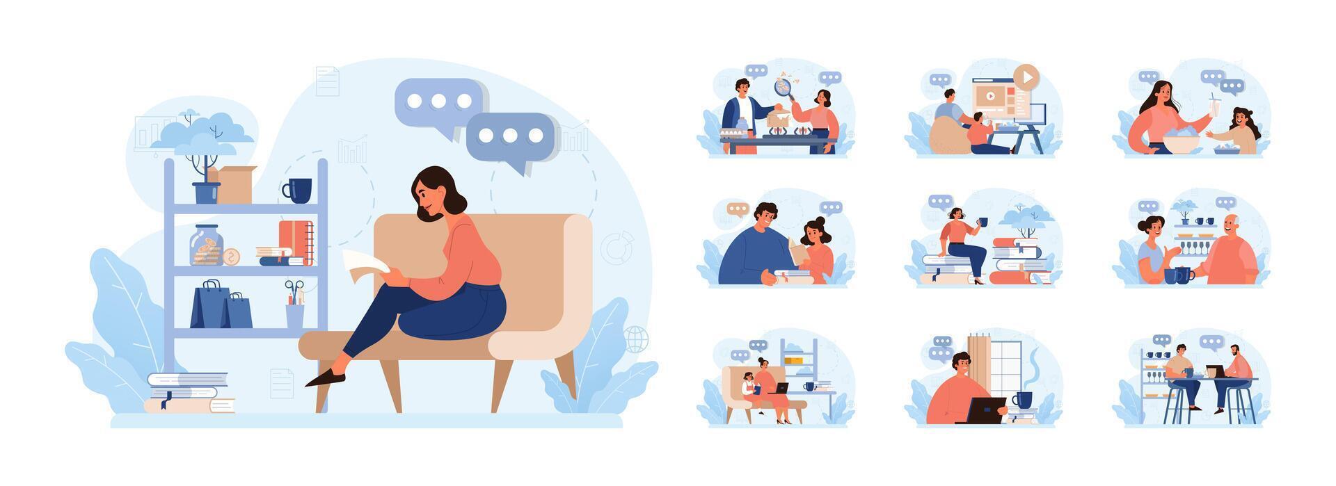 Hygge set. Happy people relaxing at home, family members leisure vector