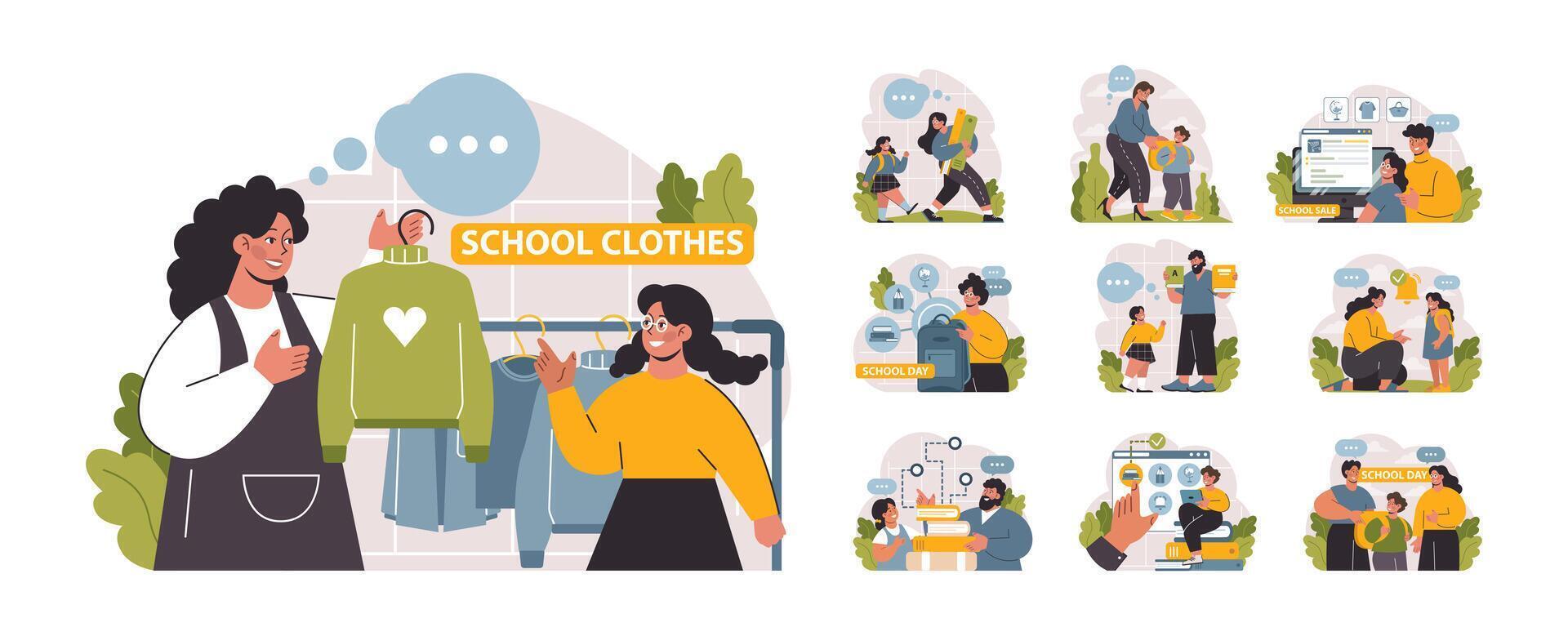 School preparation set. School kids with parents prepare for studying. vector
