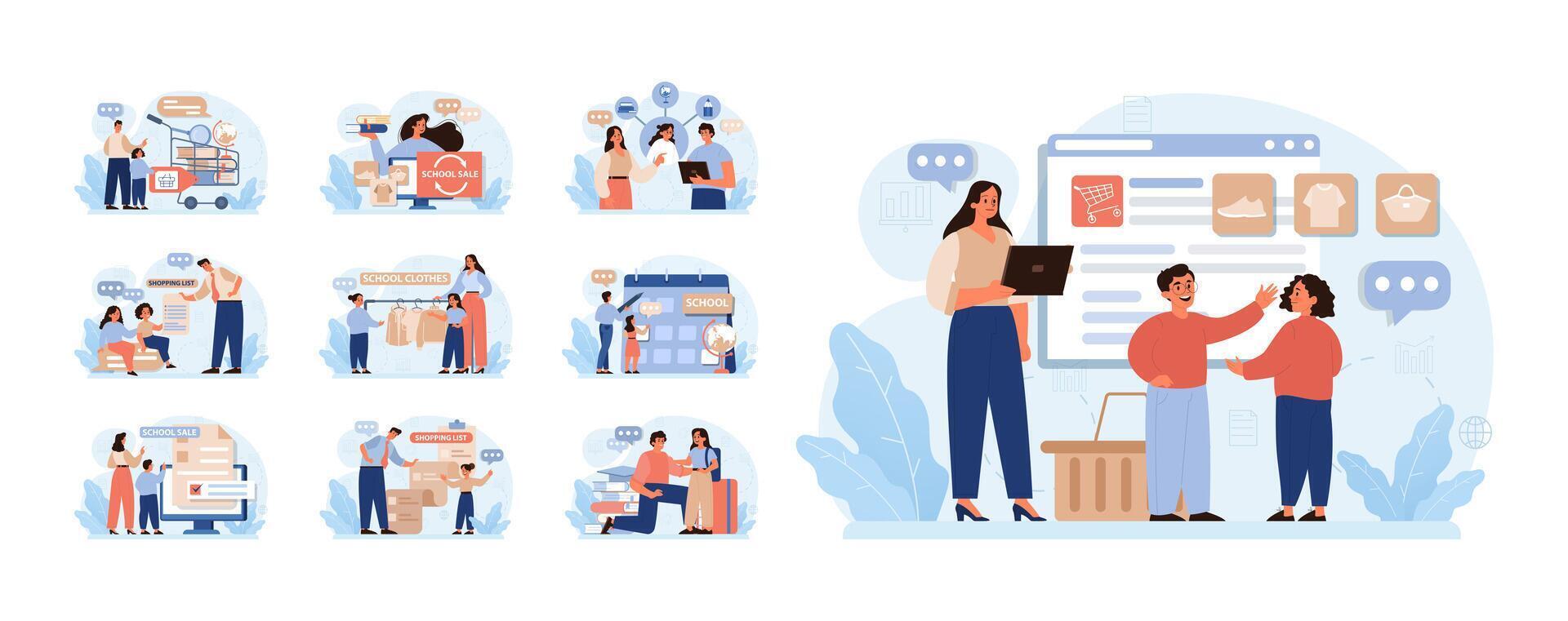 School preparation set. School kids with parents prepare for studying. vector