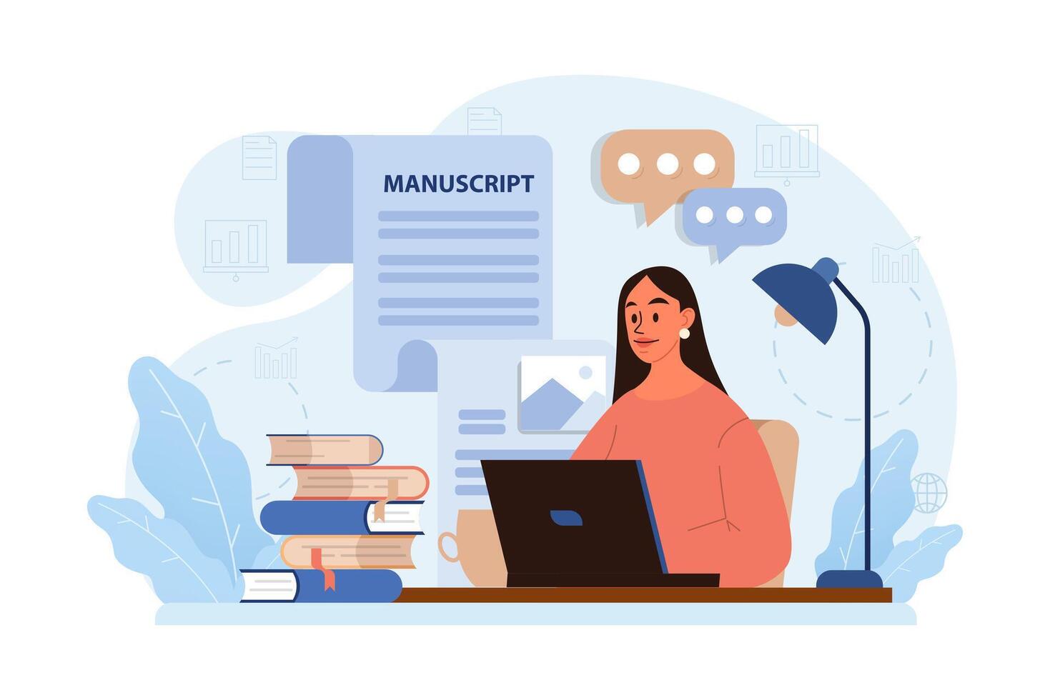 Writing a manuscript. Author writing a book. Creative process. Thoughts vector