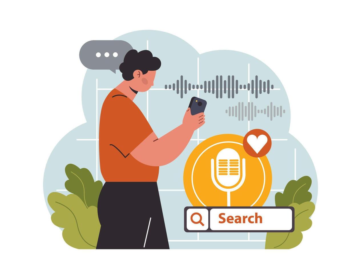 Voice search. Artificial intelligence virtual assistant. Man speaking on microphone vector