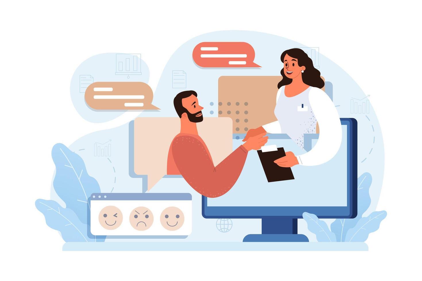 Online communication. Group friends speaking to each other, having vector