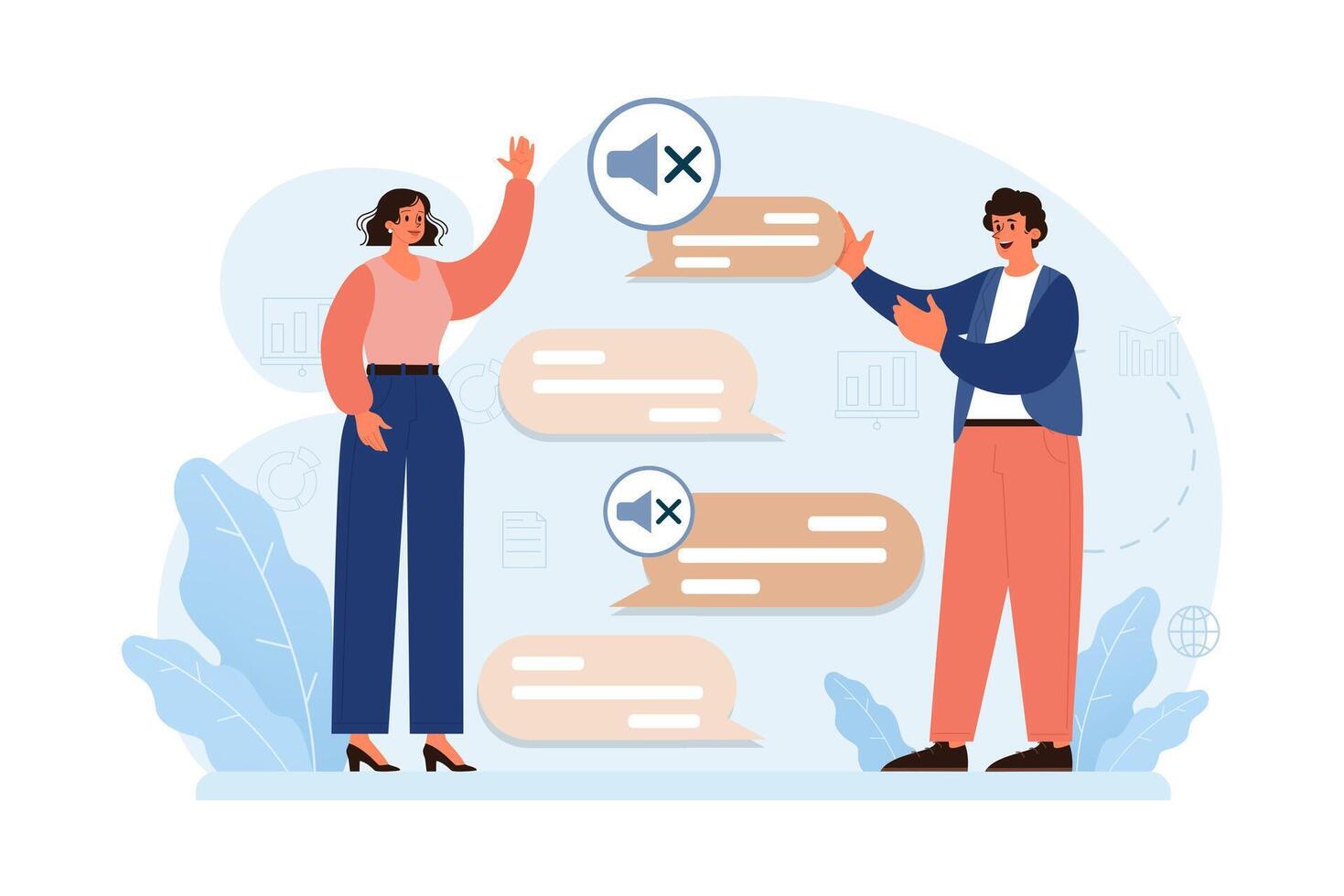 Male and female deaf mute characters talking with hand gestures. Communication vector