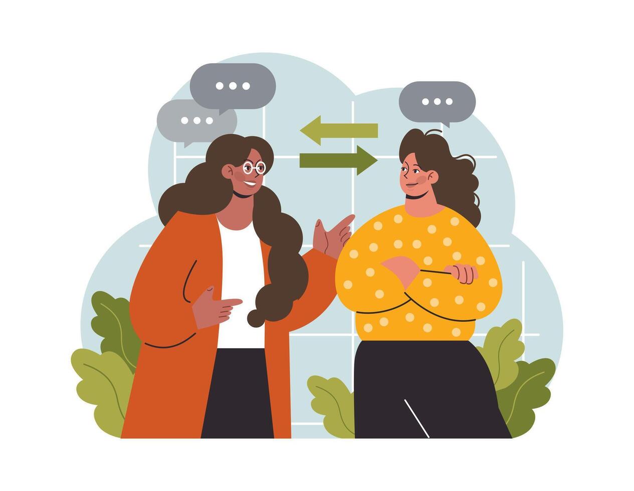 Verbal communication. Interpersonal discussion. Two female character vector