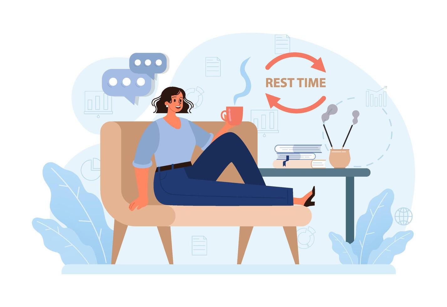 Modern wellbeing practice. Happy woman relaxing at home, weekend vector