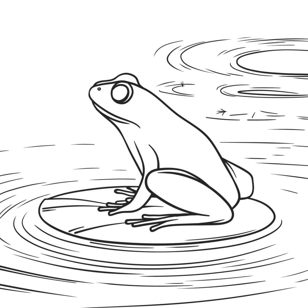 Black and white line art illustration of a frog sitting on a water lily pad vector