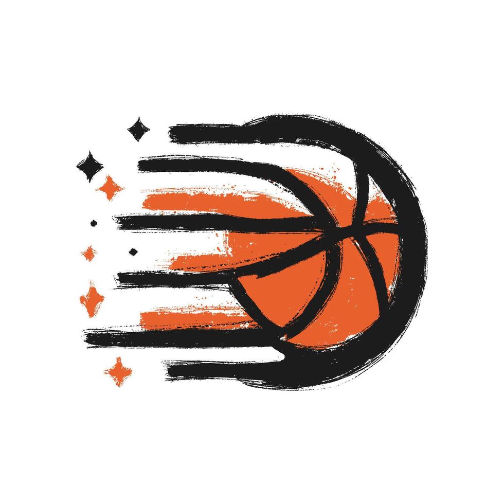 Orange and black basketball moving fast with motion lines and stars vector