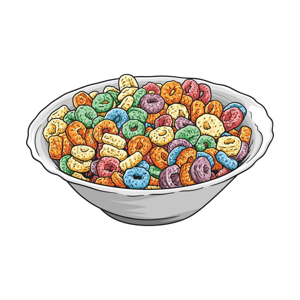 Big white bowl overflowing with colorful cereal rings for breakfast vector