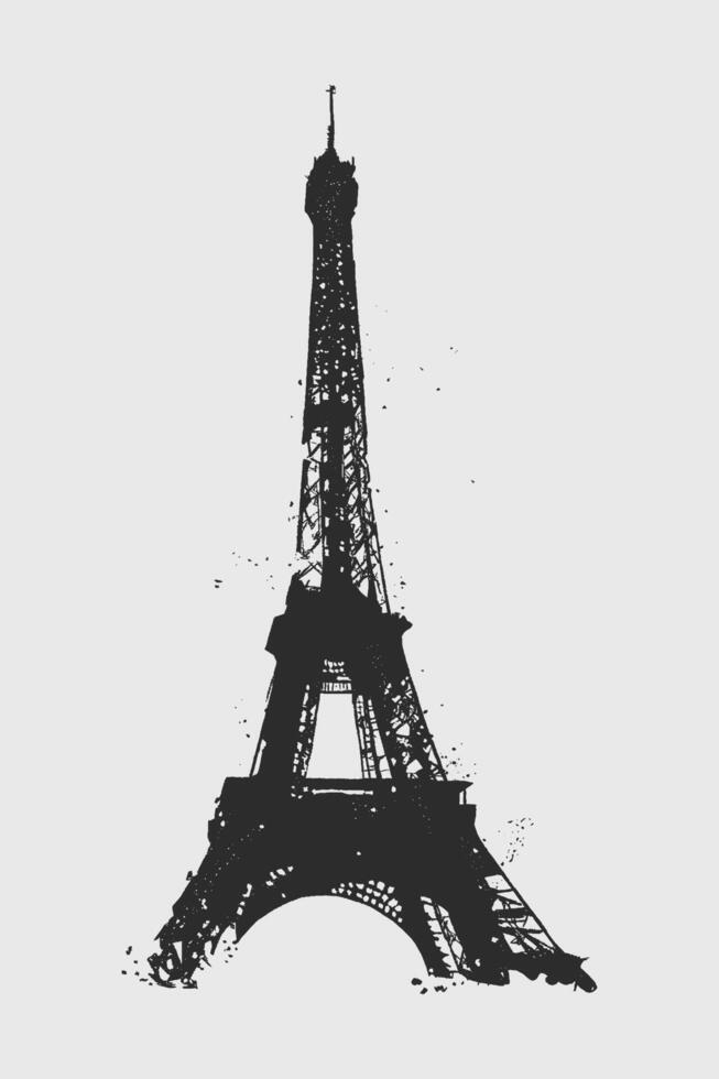 Black and white grunge silhouette of the eiffel tower standing against a white background vector