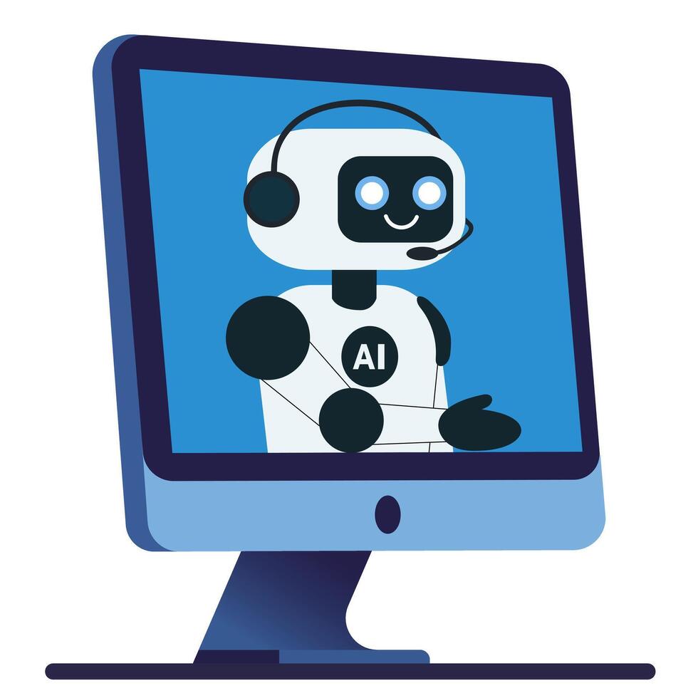 Cute chat bot robot extending its hand from the monitor screen vector