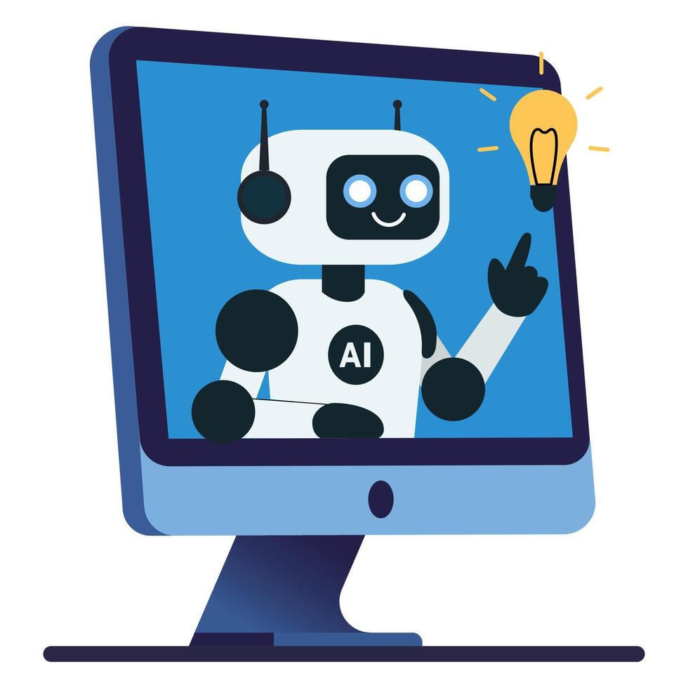 Cute chat bot AI robot points to the light bulb from monitor screen vector
