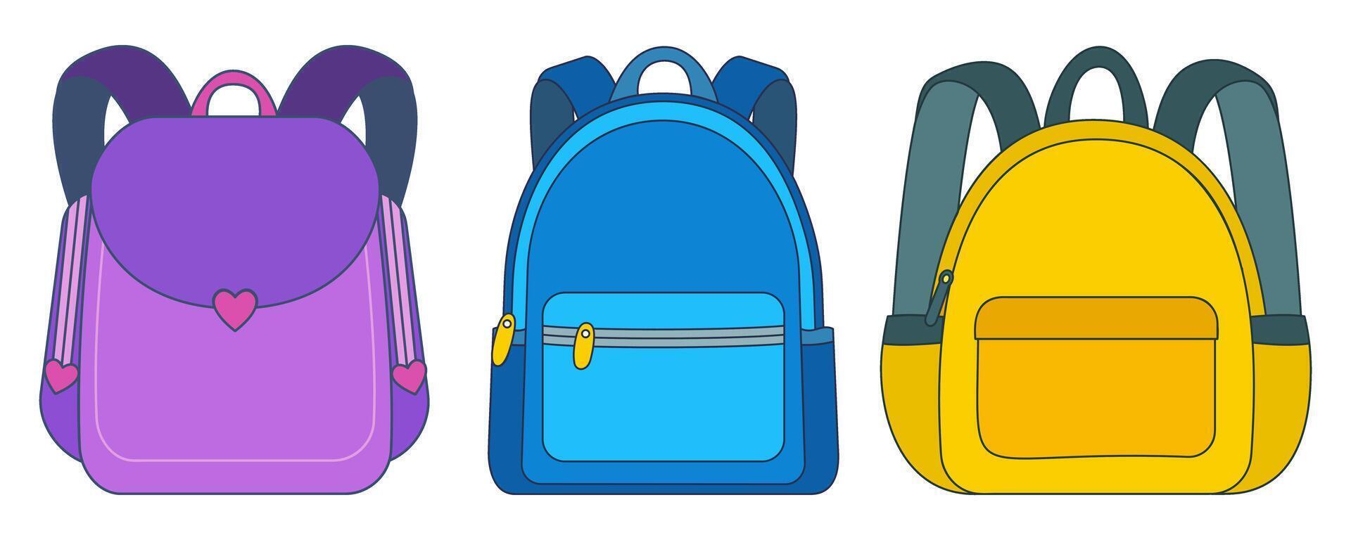 Set of school backpacks isolated on transparent background vector