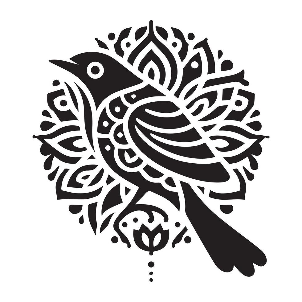 Black silhouette style bird for coloring book design, mandala design with white background, kdp vector