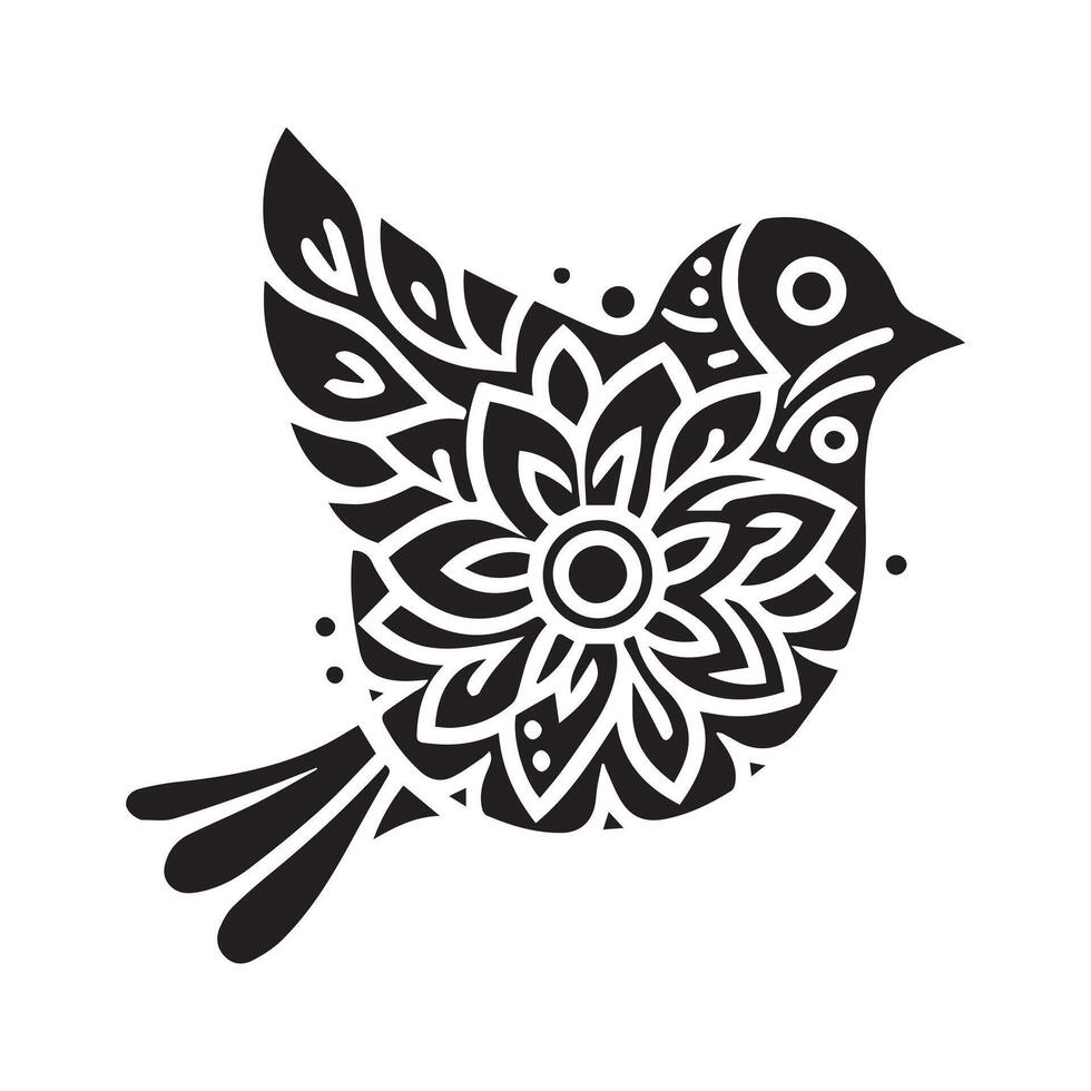 Black silhouette style bird for coloring book design, mandala design with white background, kdp vector