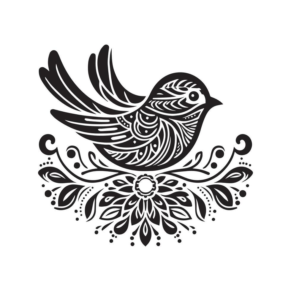 Black silhouette style bird for coloring book design, mandala design with white background, kdp vector