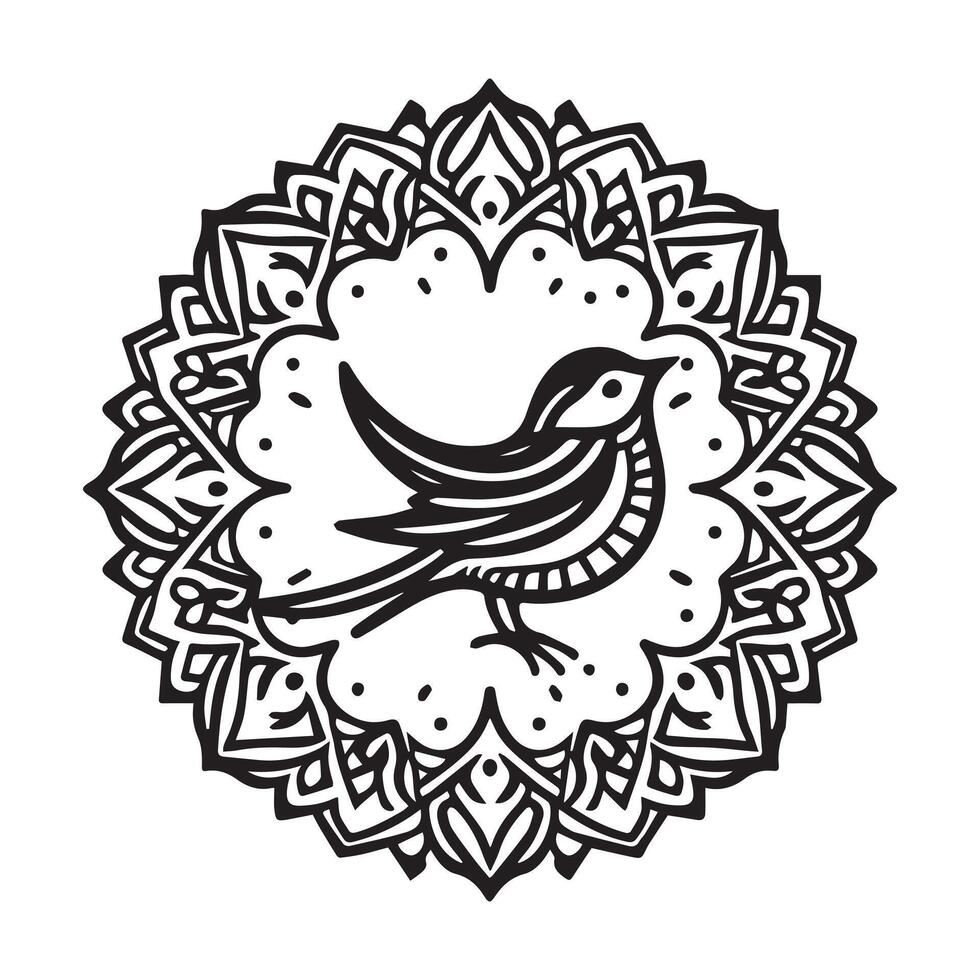 Black silhouette style bird for coloring book design, mandala design with white background, kdp vector