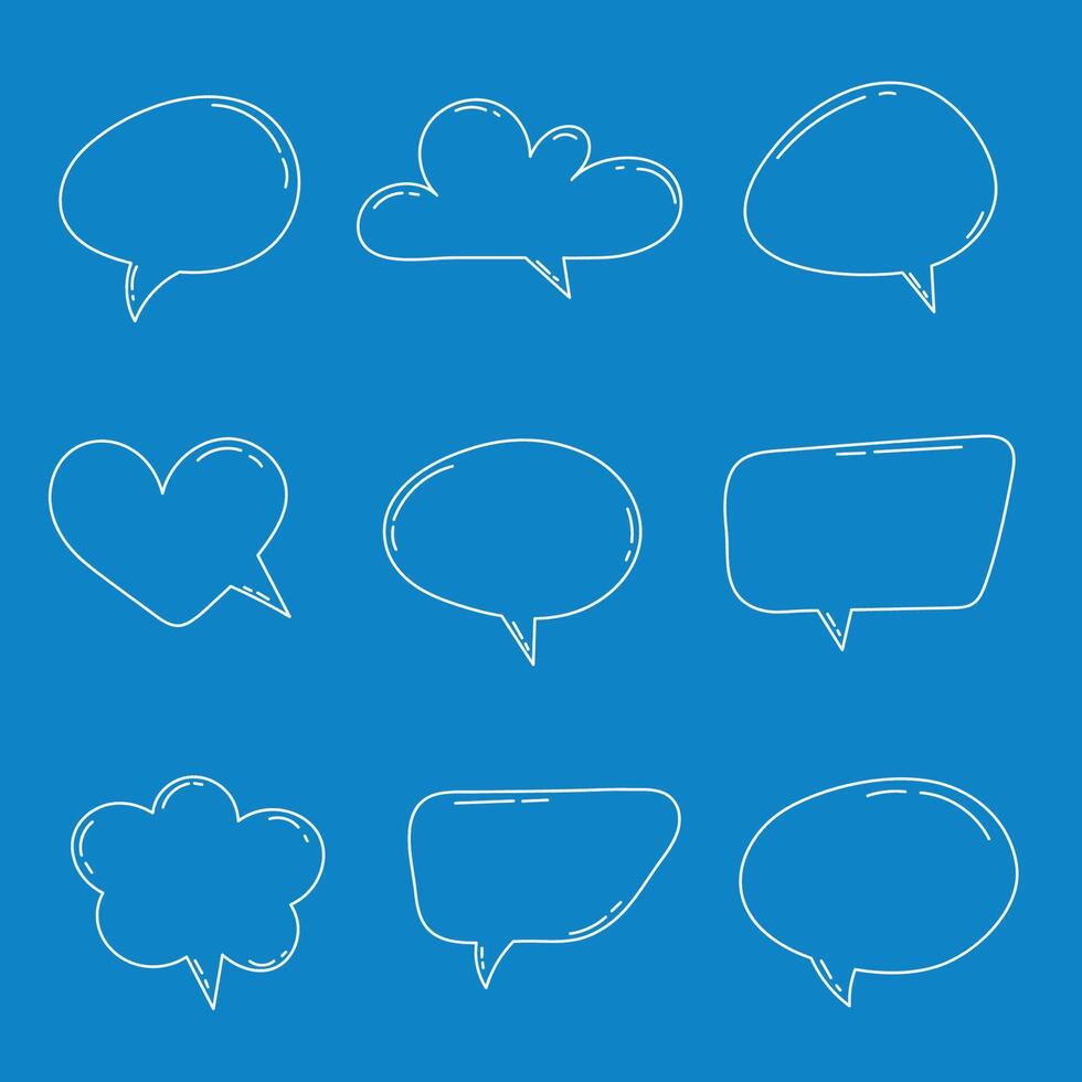 White hand drawn outline speech bubbles collection on blue background vector