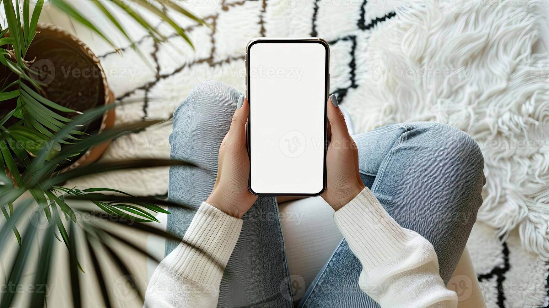 Mockup a person hands holding a smartphone with blank white screen while sitting on the floor at home photo