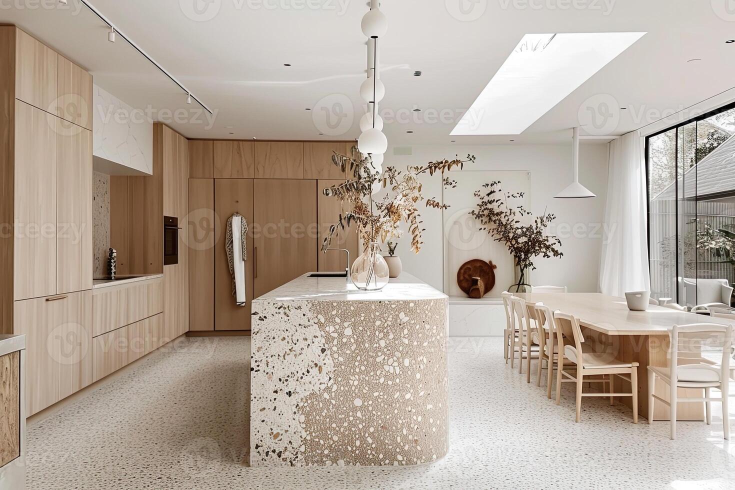 esquina de moderno cocina con blanco y de madera paredes, hormigón piso, blanco encimeras con construido en lavabo y Horno foto