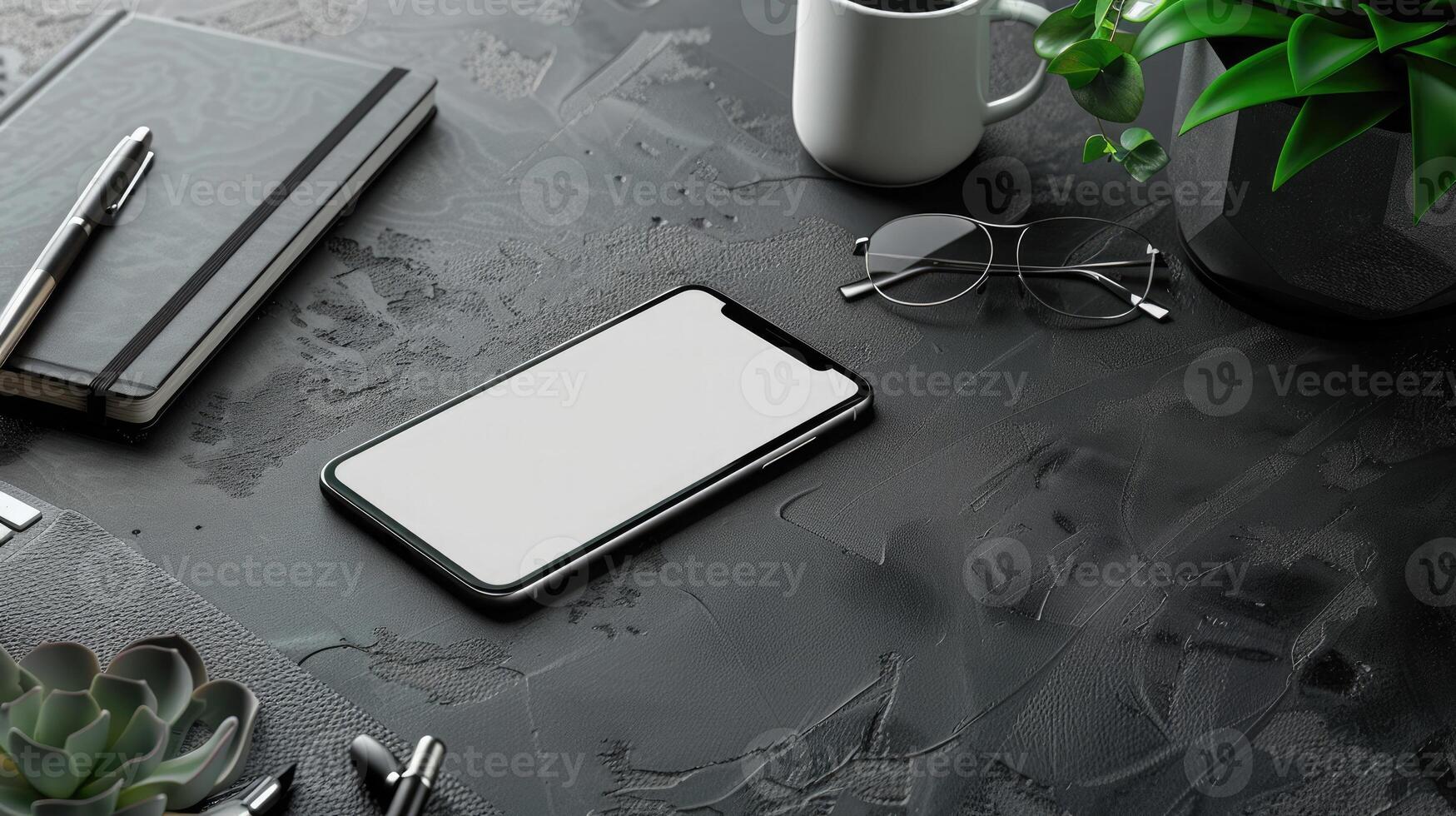 Top view of modern workspace with laptop, smartphone and plant on dark table photo