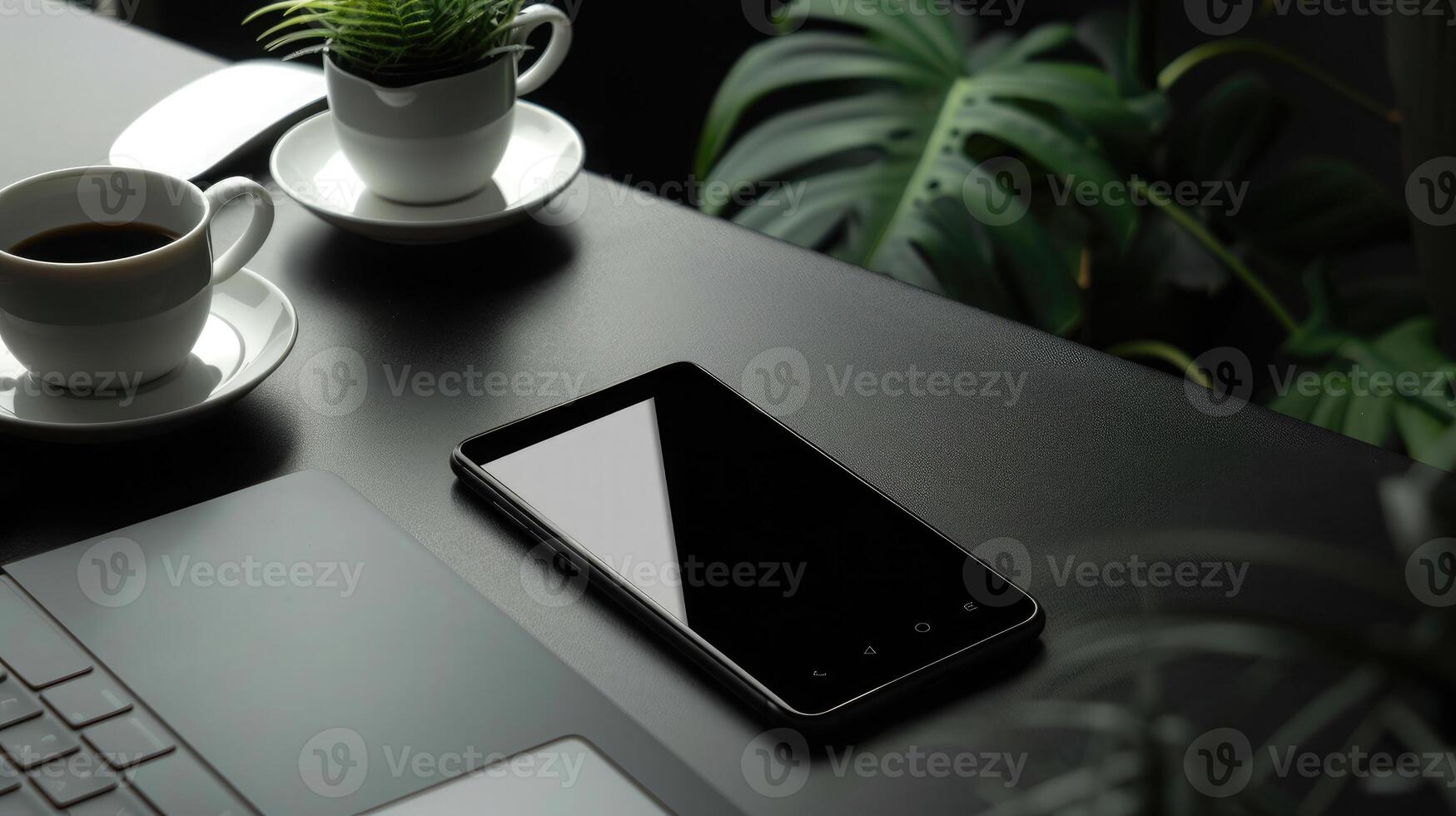 Top view of modern workspace with laptop, smartphone and plant on dark table photo