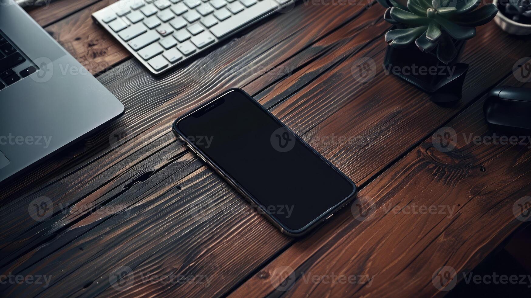 Top view of modern workspace with laptop, smartphone and plant on dark table photo