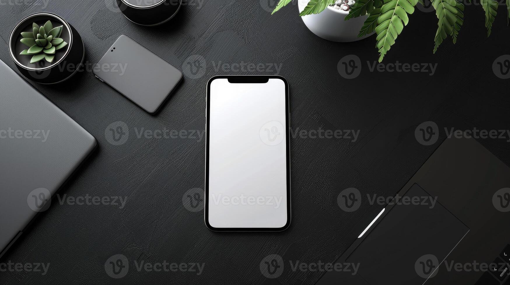 Top view of modern workspace with laptop, smartphone and plant on dark table photo