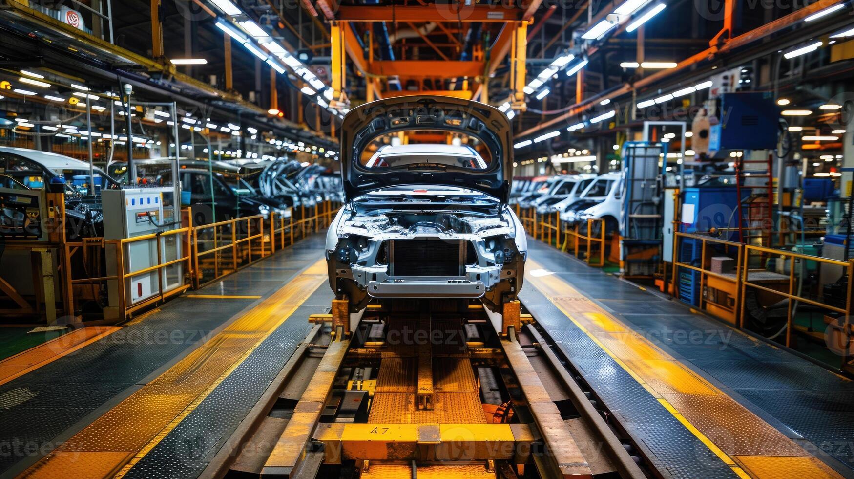 Industrial and Manufacturing Engineers and technicians working in industry refinery or power plant with blurred lights and structures in the background photo