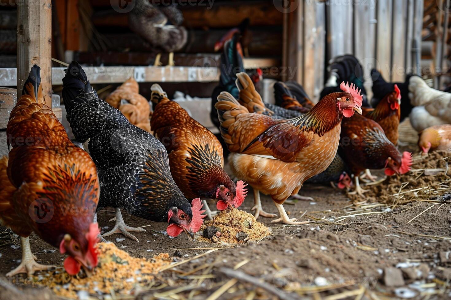 Chickens Outdoor on an Organic Farm. Ai-Generative. photo