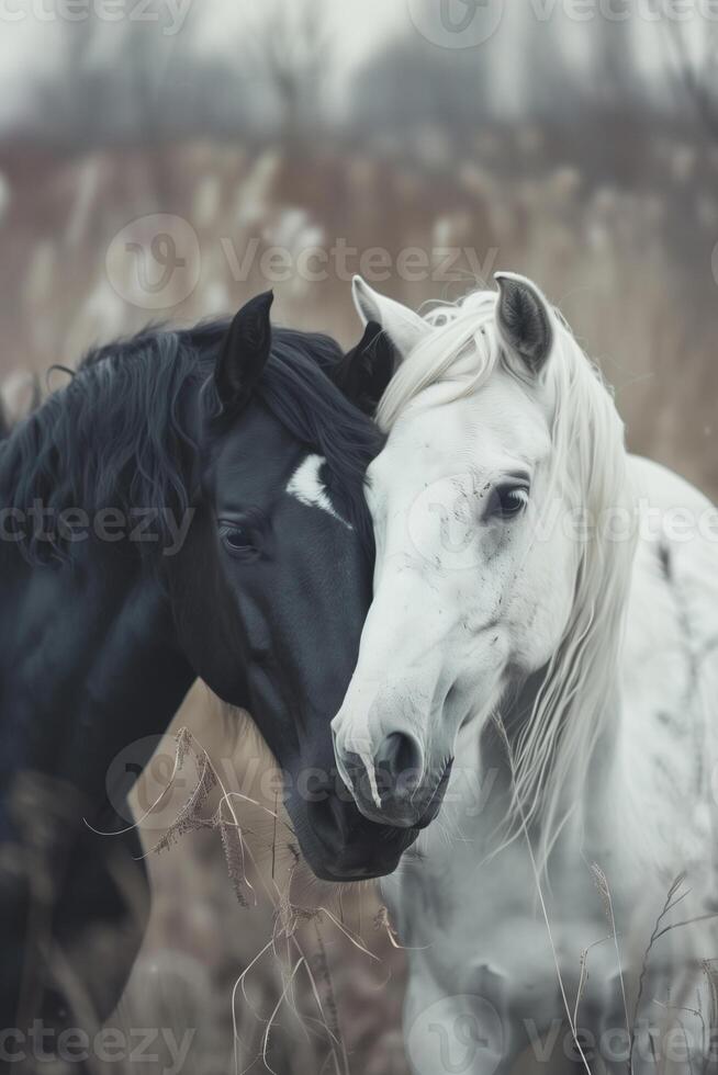 Black Horse and White Mare Close Up. Ai-Generative. photo