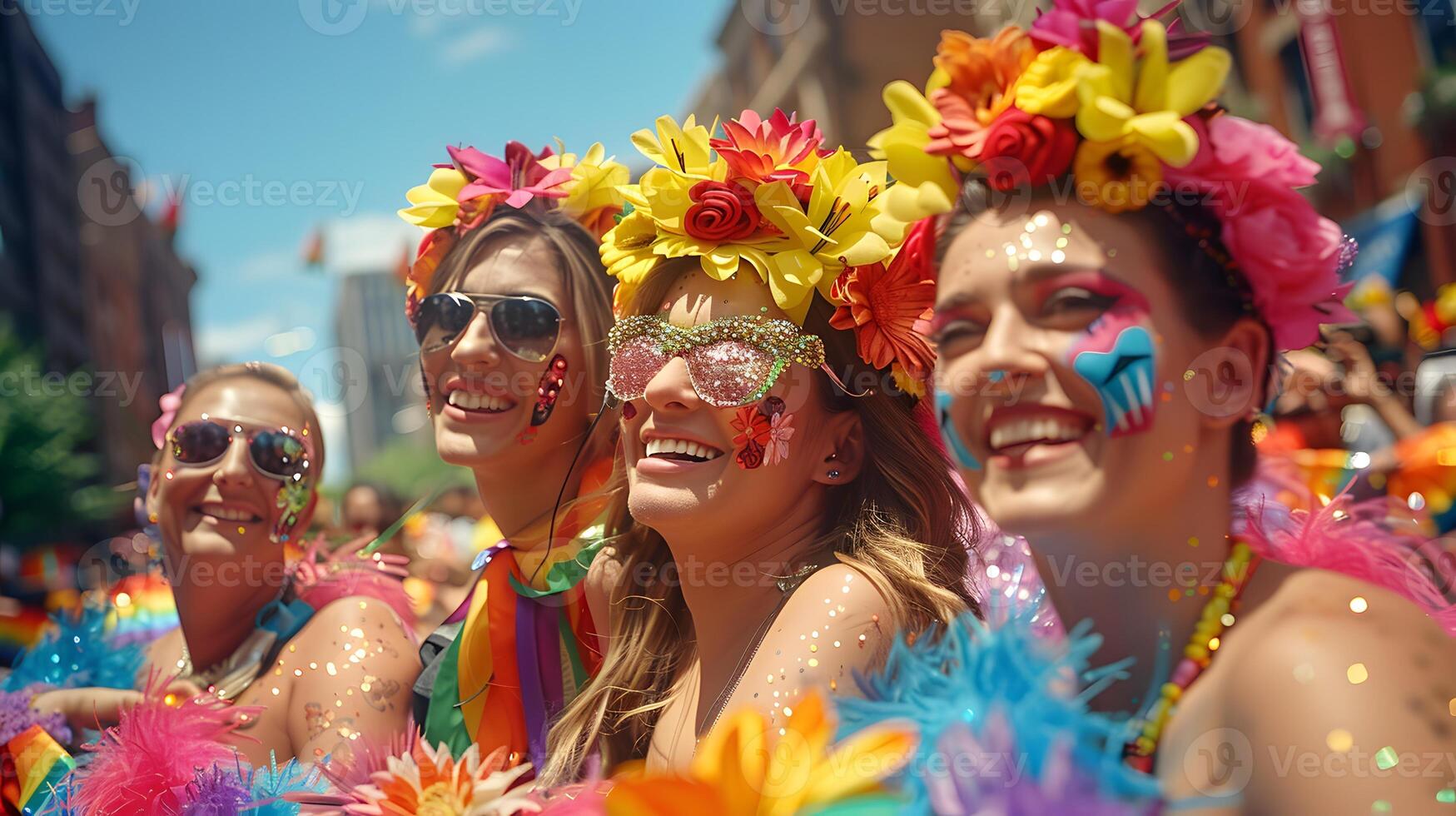 Pride parade float with performers, joyous photo