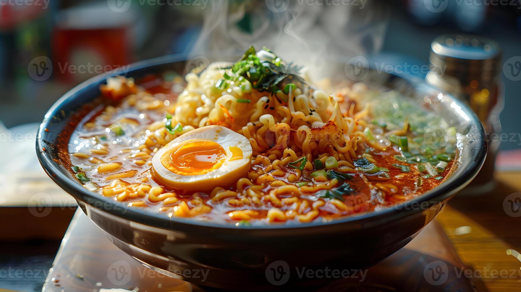 Ramen bowl with rich broth, ramen noodles, boiled egg, and toppings photo