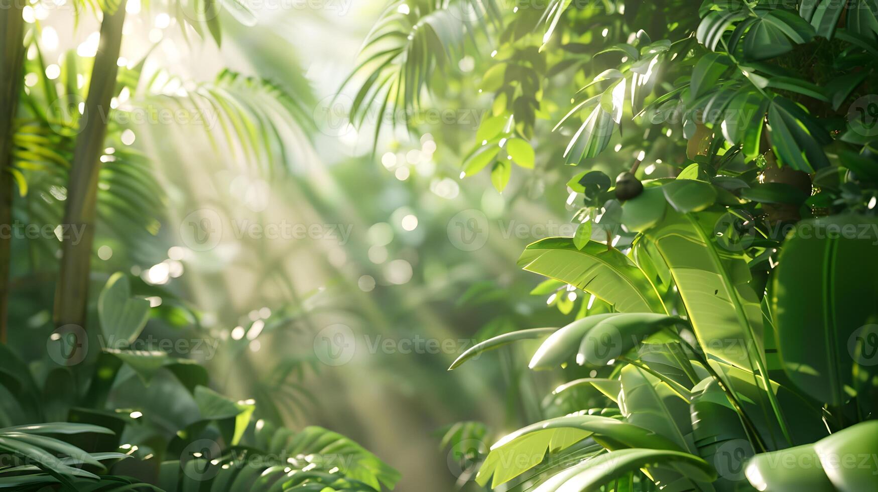 A serene, natural background with lush greenery and gentle sunlight for product photo