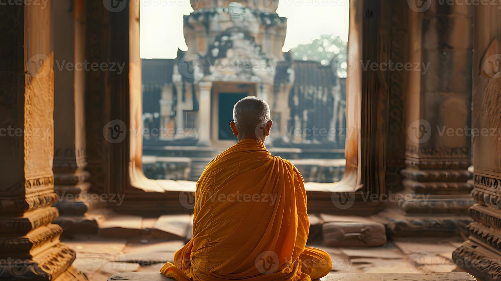 A monk praying in a old temple photo